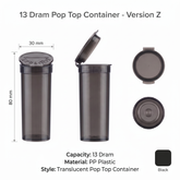 Black 13 Dram Pop Top Containers – Version Z | Plastic Storage Vials | 80mm height x 30mm diameter,