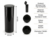 Black 60 Dram Pop Top Containers – Squeeze Top PP Plastic Storage Tubes | 13.5cm x 4.5cm | 75 Pack
