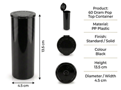 Black 60 Dram Pop Top Containers – Squeeze Top PP Plastic Storage Tubes | 13.5cm x 4.5cm | 75 Pack