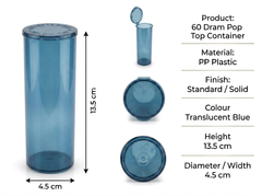 Translucent Blue 60 Dram Pop Top Containers – Squeeze-to-Open PP Plastic Storage Tubes | 13.5cm x 4.5cm | Pack of 75