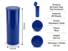 Blue 60 Dram Pop Top Containers – Squeeze Top PP Plastic Storage Tubes | 13.5cm x 4.5cm | 75 Pack