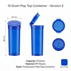 Blue 13 Dram Pop Top Containers – Version Z - Blue Translucent PP Plastic Squeeze Lid Storage Vials | 80mm height x 30mm diameter