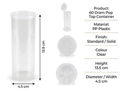 Clear 60 Dram Pop Top Containers – Squeeze Top PP Plastic Storage Tubes | 13.5cm x 4.5cm | 75 Pack