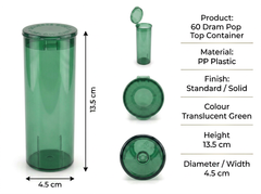 Translucent Green 60 Dram Pop Top Containers – Squeeze-to-Open PP Plastic Storage Tubes | 13.5cm x 4.5cm | Pack of 75