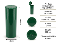 Green 60 Dram Pop Top Containers – Squeeze Top PP Plastic Storage Tubes | 13.5cm x 4.5cm | 75 Pack