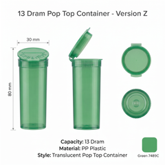 Green 13 Dram Pop Top Containers – Version Z | Plastic Storage Vials | 80mm height x 30mm diameter – Box of 315