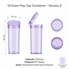 Transparent Purple, 13 Dram Pop Top Containers – Version Z, 80mm x 30mm PP Plastic Storage Pots – Box of 315