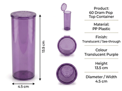 Translucent Purple 60 Dram Pop Top Containers – Squeeze-to-Open PP Plastic Storage Tubes | 13.5cm x 4.5cm | Pack of 75