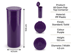 Purple 60 Dram Pop Top Containers – Squeeze Top PP Plastic Storage Tubes | 13.5cm x 4.5cm | 75 Pack