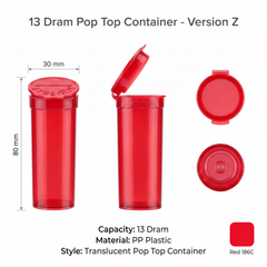 Red 13 Dram Pop Top Containers – Version Z, 80mm x 30mm PP Plastic Squeeze Lid Storage Pots – Box of 315