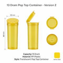 Yellow 13 Dram Pop Top Containers – Version Z, 80mm x 30mm PP Plastic Storage Pots – Box of 315