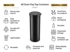 Black 60 Dram Pop Top Containers – Squeeze Top PP Plastic Storage Tubes | 13.5cm x 4.5cm | 75 Pack