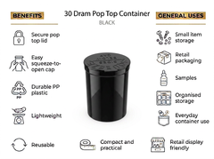 Black 30 Dram Pop Top Containers 160 Pcs – Squeeze-to-Open PP Plastic Storage Tubes | 70mm x 47mm