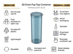 Translucent Blue 60 Dram Pop Top Containers – Squeeze-to-Open PP Plastic Storage Tubes | 13.5cm x 4.5cm | Pack of 75
