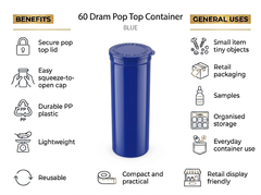 Blue 60 Dram Pop Top Containers – Squeeze Top PP Plastic Storage Tubes | 13.5cm x 4.5cm | 75 Pack