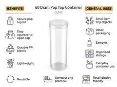 Clear 60 Dram Pop Top Containers – Squeeze Top PP Plastic Storage Tubes | 13.5cm x 4.5cm | 75 Pack
