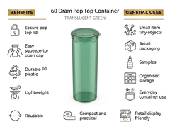 Translucent Green 60 Dram Pop Top Containers – Squeeze-to-Open PP Plastic Storage Tubes | 13.5cm x 4.5cm | Pack of 75