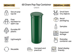 Green 60 Dram Pop Top Containers – Squeeze Top PP Plastic Storage Tubes | 13.5cm x 4.5cm | 75 Pack