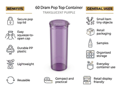 Translucent Purple 60 Dram Pop Top Containers – Squeeze-to-Open PP Plastic Storage Tubes | 13.5cm x 4.5cm | Pack of 75