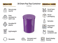 Purple 30 Dram Pop Top Containers 160 Pcs – Squeeze-to-Open PP Plastic Storage Tubes | 70mm x 47mm