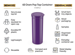 Purple 60 Dram Pop Top Containers – Squeeze Top PP Plastic Storage Tubes | 13.5cm x 4.5cm | 75 Pack