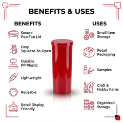 Red 60 Dram Pop Top Containers – Squeeze-to-Open PP Plastic Storage Tubes | 13.5cm x 4.5cm | Pack of 75