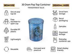 Transparent Blue 30 Dram Pop Top Containers 160 Pcs – Squeeze-to-Open PP Plastic Storage Tubes | 70mm x 47mm