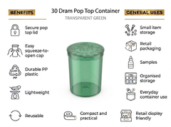 Transparent Green 30 Dram Pop Top Containers 160Pcs – Squeeze-to-Open PP Plastic Storage Tubes | 70mm x 47mm