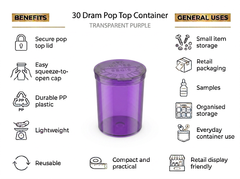 Transparent Purple 30 Dram Pop Top Containers 160 Pcs – Squeeze-to-Open PP Plastic Storage Tubes | 70mm x 47mm