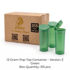 Green 13 Dram Pop Top Containers – Version Z | Plastic Storage Vials | 80mm height x 30mm diameter – Box of 315