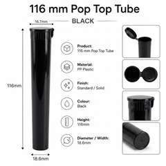 Pop Top Tube Black 116mm 500 Pcs – Slim PP Plastic Flip-Top Storage Container | 116mm x 18.6mm