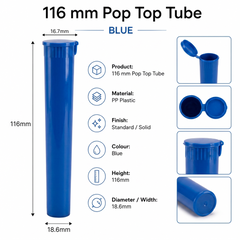 Blue 116mm Pop Top Tube – Slim PP Plastic Flip-Top Storage Container | 116mm x 18.6mm
