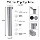 Silver 116mm Pop Top Tube 500 Pcs – Slim PP Plastic Flip-Top Storage Container | 116mm x 18.6mm