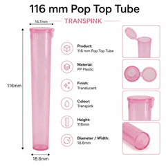 Transparent Pink 116mm Pop Top Tube 500 Pcs – Slim PP Plastic Flip-Top Storage Container | 116mm x 18.6mm