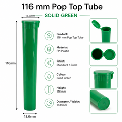Solid Green 116mm Pop Top Tube 500 Pcs – Slim PP Plastic Flip-Top Storage Container | 116mm x 18.6mm