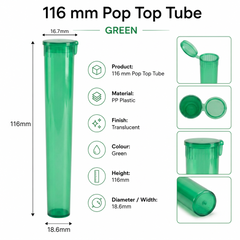 Transparent Green 116mm Pop Top Tube 500 Pcs– Slim PP Plastic Flip-Top Storage Container | 116mm x 18.6mm