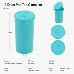 Solid-Aqua 19 Dram Pop Top Containers 225 pcs – Squeeze-to-Open PP Plastic Storage Tubes | 7cm x 3.8cm