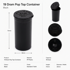 Black 19 Dram Pop Top Containers – Squeeze-to-Open PP Plastic Storage Tubes | 7cm x 4cm