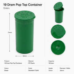 Green 19 Dram Pop Top Containers 225 Pcs– Squeeze-to-Open PP Plastic Storage Tubes | 7cm x 3.8cm