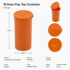 Orange 19 Dram Pop Top Containers 225 Pcs – Squeeze-to-Open PP Plastic Storage Tubes | 7cm x 3.8cm