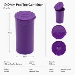 Purple 19 Dram Pop Top Containers 225 Pcs– Squeeze-to-Open PP Plastic Storage Tubes | 7cm x 3.8cm