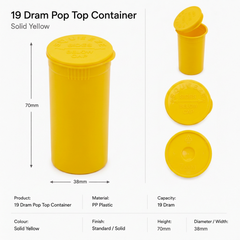 Solid-Yellow 19 Dram Pop Top Containers 225 Pcs – Squeeze-to-Open PP Plastic Storage Tubes | 7cm x 3.8cm
