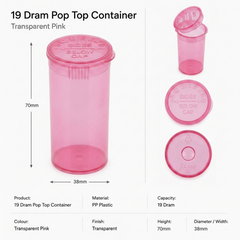Transparent-Pink 19 Dram Pop Top Containers 225 Pcs – Squeeze-to-Open PP Plastic Storage Tubes | 7cm x 3.8cm