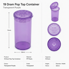 Transparent-Purple 19 Dram Pop Top Containers 225 pcs – Squeeze-to-Open PP Plastic Storage Tubes | 7cm x 3.8cm
