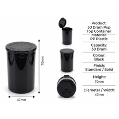 Black 30 Dram Pop Top Containers 160 Pcs – Squeeze-to-Open PP Plastic Storage Tubes | 70mm x 47mm