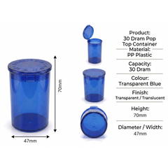 Transparent Blue 30 Dram Pop Top Containers 160 Pcs – Squeeze-to-Open PP Plastic Storage Tubes | 70mm x 47mm
