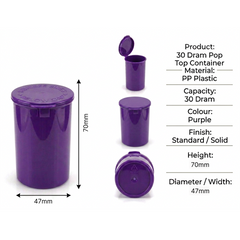 Purple 30 Dram Pop Top Containers 160 Pcs – Squeeze-to-Open PP Plastic Storage Tubes | 70mm x 47mm