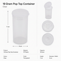 Clear 19 Dram Pop Top Containers – Transparent Squeeze-to-Open PP Plastic Storage Tubes | 7cm x 4cm