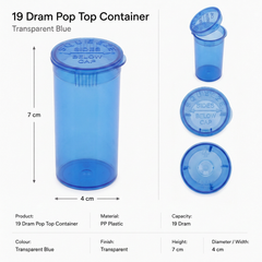 Transparent-Blue 19 Dram Pop Top Containers 225 Pcs – Squeeze-to-Open PP Plastic Storage Tubes | 7cm x 3.8cm