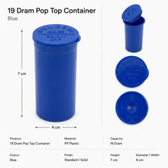 Blue 19 Dram Pop Top Containers – Squeeze-to-Open PP Plastic Storage Tubes | 7cm x 4cm